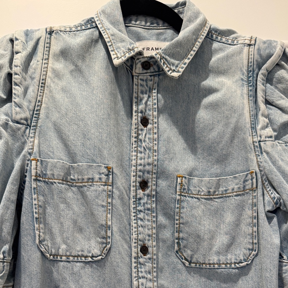 Frame Rosette Puff Sleeve Denim Shirt Dress Small - Picture 4 of 6